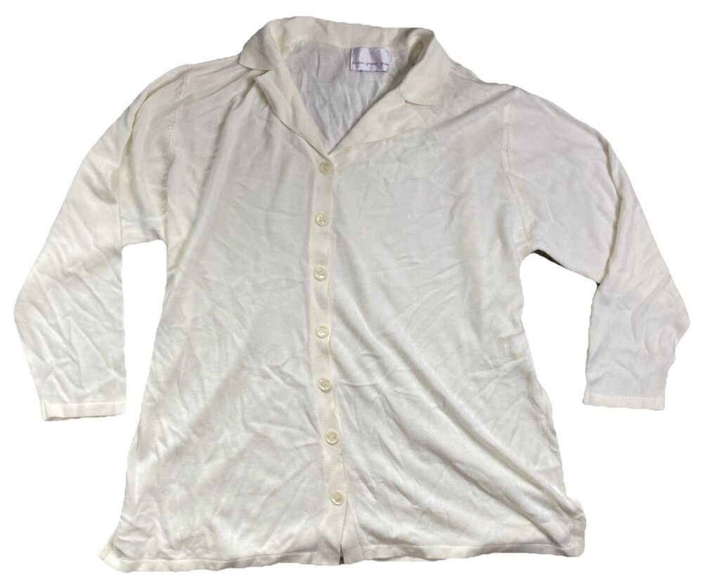 Susan Graver Weekend Jersey Knit Button Front Cardigan White Cream Long Sleeve